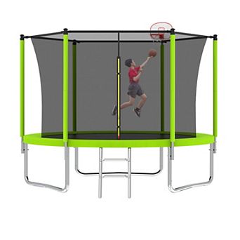 10FT Trampoline for Kids Basketball Hoop and Ladder with Safety Enclosure for Backyard Fun