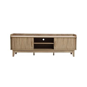 LuxenHome Mid-Century Modern Tambour-Style 2-Door 63-Inch Wide TV Stand with Tray Top, Oak