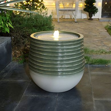 LuxenHome Emerald Ribbed Top with Ivory Bottom 19.5" Tall Resin Fountain with Lights