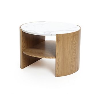 LuxenHome Natural Finish Manufactured Wood 23.6-Inch Round Coffee Table with Faux Marble Top