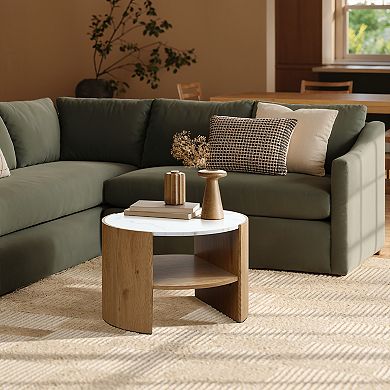 LuxenHome Natural Finish Manufactured Wood 23.6-Inch Round Coffee Table with Faux Marble Top