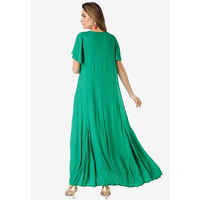 Roaman's Women's Plus Size Plus Size Flutter Sleeve Hand Crinkled Maxi Dress Curvy A-Line