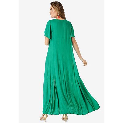 Roaman's Plus Size Flutter Sleeve Hand Crinkled Maxi Dress  Curvy A-Line - 42/44, Tropical Emerald