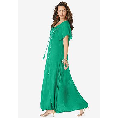 Roaman's Women's Plus Size Flutter Sleeve Hand Crinkled Maxi Dress Curvy A-Line