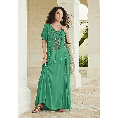 Roaman's Women's Plus Size Flutter Sleeve Hand Crinkled Maxi Dress Curvy A-Line