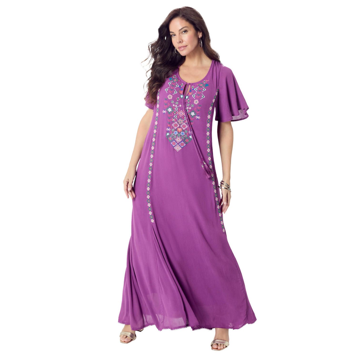 Женские платья Roaman's Plus Size Flutter Sleeve Hand Crinkled Maxi Dress Curvy A-Line
