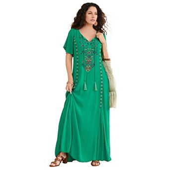 Roaman's Women's Plus Size Flutter Sleeve Hand Crinkled Maxi Dress Curvy A-Line