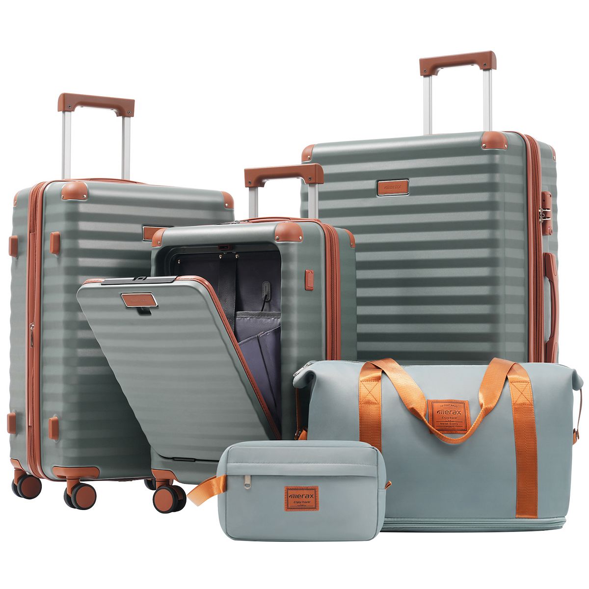 Merax 5-Piece Hardside Luggage Set with Spinner Wheels, TSA Lock, USB Port - Grey Blue