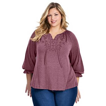 Avenue Women's Plus Size Brie Embroidered Neckline Top