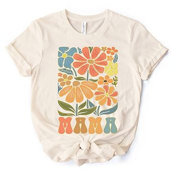 Boho Floral Mama T-Shirt, Natural and White Tee Large Flowers for Modern Moms