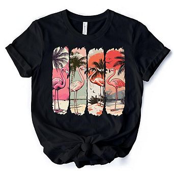 Summer Flamingo Beach T-Shirt, Retro Vacation Black Tropical Sunset Tee