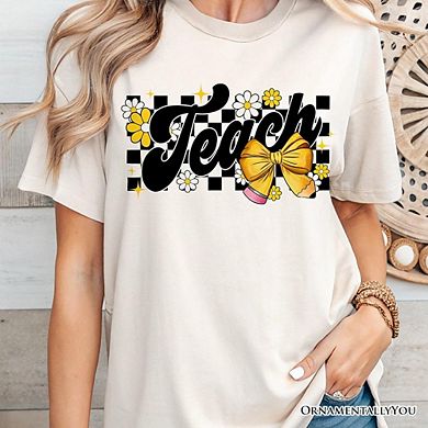 Teach Checkered Coquette Bow T-Shirt, White and Natural Retro Tee for Trendy Teachers