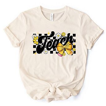 Teach Checkered Coquette Bow T-Shirt, White and Natural Retro Tee for Trendy Teachers