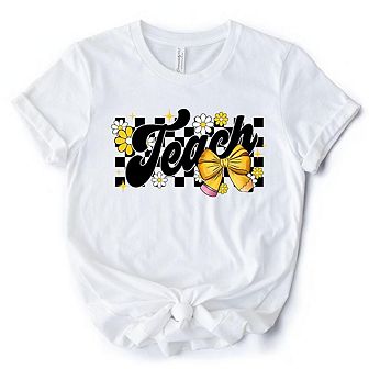 Teach Checkered Coquette Bow T-Shirt, White and Natural Retro Tee for Trendy Teachers