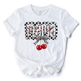 Checkered Cherry Disco Mama T-Shirt, White and Natural Coquette Bow Tee for Trendy Mothers