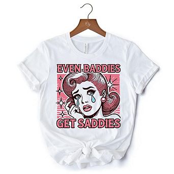 Even Baddies Get Saddies T-Shirt, Retro Crying Girl Pop Art White Tee for Stylish Women