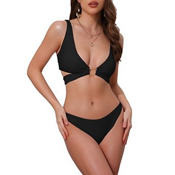Women's Wide Strap O Ring Cut Out V Neck Bikini Set, 2 pc Tie Back Top Triangle Bottom Swimwear Suits