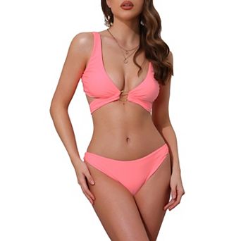 Women's Wide Strap O Ring Cut Out V Neck Bikini Set, 2 pc Tie Back Top Triangle Bottom Swimwear Suits