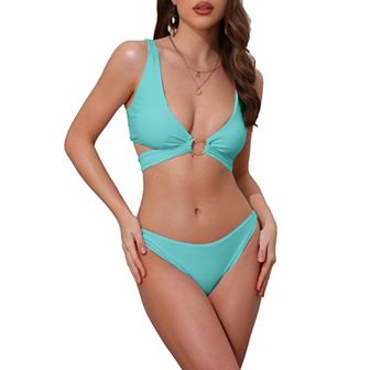 Women's Wide Strap O Ring Cut Out V Neck Bikini Set, 2 pc Tie Back Top Triangle Bottom Swimwear Suits