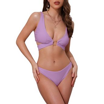 Women's Wide Strap O Ring Cut Out V Neck Bikini Set, 2 pc Tie Back Top Triangle Bottom Swimwear Suits