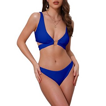 Women's Wide Strap O Ring Cut Out V Neck Bikini Set, 2 pc Tie Back Top Triangle Bottom Swimwear Suits