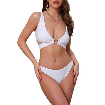 Women's Wide Strap O Ring Cut Out V Neck Bikini Set, 2 pc Tie Back Top Triangle Bottom Swimwear Suits