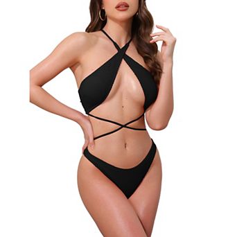 Women's Criss Cross Ribbed Knit Bikini Sets, 2 pc Strappy Top Triangle Bottom Swimwear Bathing Suits