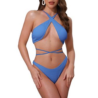 Women's Criss Cross Ribbed Knit Bikini Sets, 2 pc Strappy Top Triangle Bottom Swimwear Bathing Suits