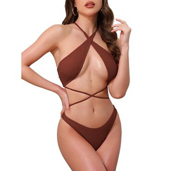Women's Criss Cross Ribbed Knit Bikini Sets, 2 pc Strappy Top Triangle Bottom Swimwear Bathing Suits