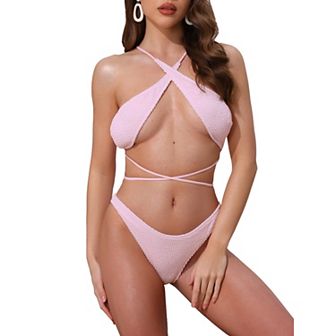 Women's Criss Cross Ribbed Knit Bikini Sets, 2 pc Strappy Top Triangle Bottom Swimwear Bathing Suits