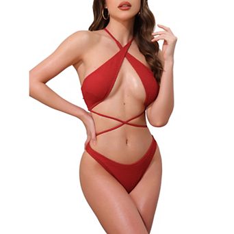 Women's Criss Cross Ribbed Knit Bikini Sets, 2 pc Strappy Top Triangle Bottom Swimwear Bathing Suits