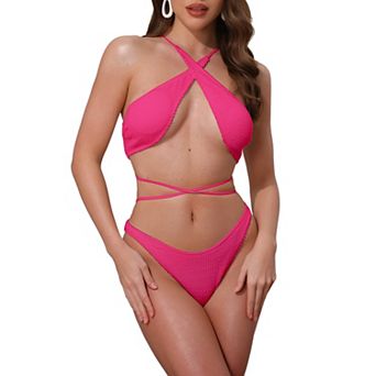 Women's Criss Cross Ribbed Knit Bikini Sets, 2 pc Strappy Top Triangle Bottom Swimwear Bathing Suits