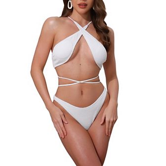 Women's Criss Cross Ribbed Knit Bikini Sets, 2 pc Strappy Top Triangle Bottom Swimwear Bathing Suits