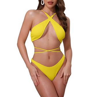 Women's Criss Cross Ribbed Knit Bikini Sets, 2 pc Strappy Top Triangle Bottom Swimwear Bathing Suits