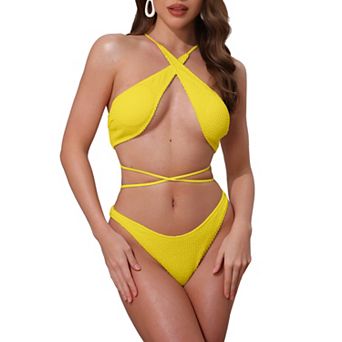 Women's Criss Cross Ribbed Knit Bikini Sets, 2 pc Strappy Top Triangle Bottom Swimwear Bathing Suits