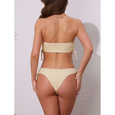 Women's Bandeau Drawstring Tie Bikini Sets, 2Pc Strapless Top Triangle Bottom Swimwear Bathing Suits