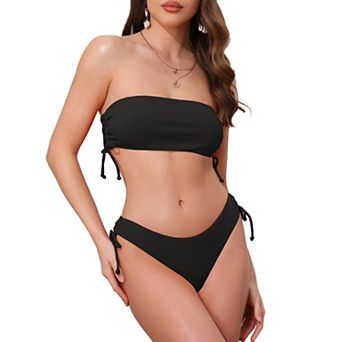 Women's Bandeau Drawstring Tie Bikini Sets, 2 pc Strapless Top Triangle Bottom Swimwear Bathing Suits