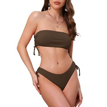 Women's Bandeau Drawstring Tie Bikini Sets, 2 pc Strapless Top Triangle Bottom Swimwear Bathing Suits