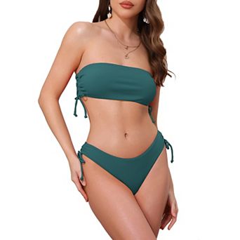 Women's Bandeau Drawstring Tie Bikini Sets, 2 pc Strapless Top Triangle Bottom Swimwear Bathing Suits