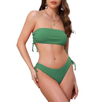 Women's Bandeau Drawstring Tie Bikini Sets, 2 pc Strapless Top Triangle Bottom Swimwear Bathing Suits