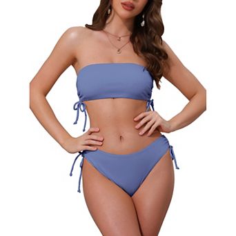 Women's Bandeau Drawstring Tie Bikini Sets, 2 pc Strapless Top Triangle Bottom Swimwear Bathing Suits