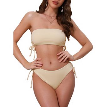 Women's Bandeau Drawstring Tie Bikini Sets, 2 pc Strapless Top Triangle Bottom Swimwear Bathing Suits