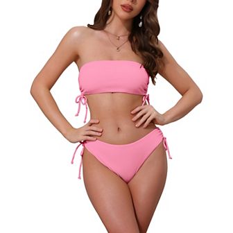 Women's Bandeau Drawstring Tie Bikini Sets, 2 pc Strapless Top Triangle Bottom Swimwear Bathing Suits