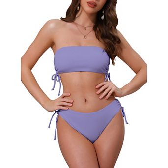 Women's Bandeau Drawstring Tie Bikini Sets, 2 pc Strapless Top Triangle Bottom Swimwear Bathing Suits