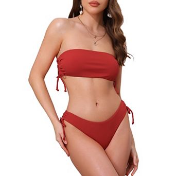 Women's Bandeau Drawstring Tie Bikini Sets, 2 pc Strapless Top Triangle Bottom Swimwear Bathing Suits