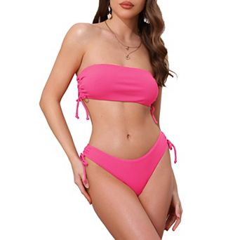 Women's Bandeau Drawstring Tie Bikini Sets, 2 pc Strapless Top Triangle Bottom Swimwear Bathing Suits