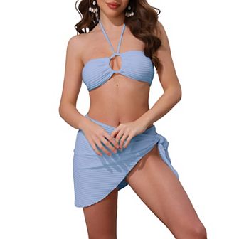 Women's Rope Circle Halter Bikini Set, 3 pc Triangle Bottoms Side Tie Cover Up Swimwear Bathing Suits