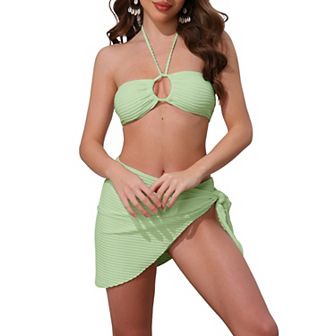 Women's Rope Circle Halter Bikini Set, 3 pc Triangle Bottoms Side Tie Cover Up Swimwear Bathing Suits