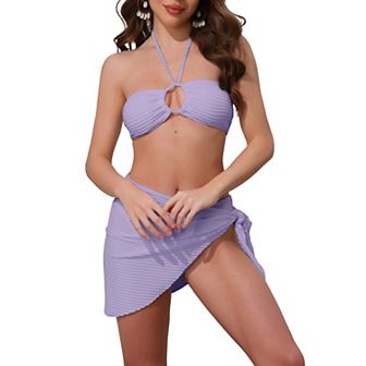 Women's Rope Circle Halter Bikini Set, 3 pc Triangle Bottoms Side Tie Cover Up Swimwear Bathing Suits