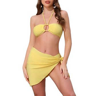 Women's Rope Circle Halter Bikini Set, 3 pc Triangle Bottoms Side Tie Cover Up Swimwear Bathing Suits